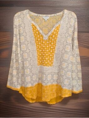 Lucky Brand Yellow & Gray  Boho V-Neck Long Sleeve Knit Blouse-L-EC